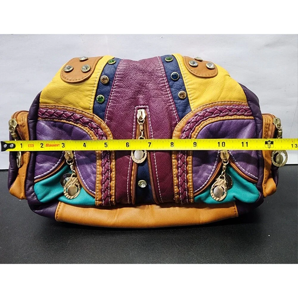 Vintage Y2K Boho Patchwork Shoulder Bag Colorful Rhinestone Studded Multi Pocket